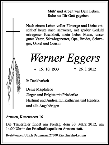 Traueranzeige von Werner Eggers von KREISZEITUNG SYKE