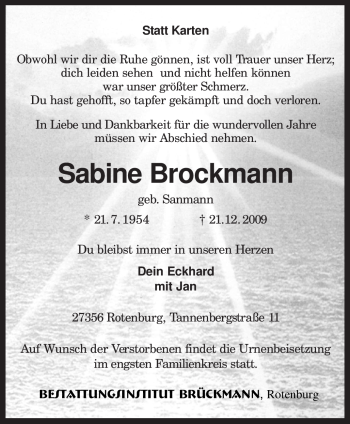 Traueranzeige von Sabine Brockmann von KREISZEITUNG SYKE