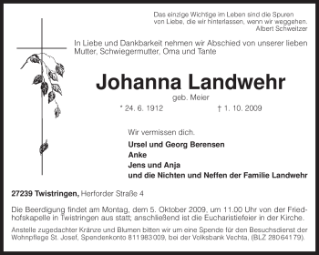 Traueranzeige von Johanna Landwehr von KREISZEITUNG SYKE