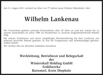 Traueranzeige von Wilhelm Lankenau von KREISZEITUNG SYKE