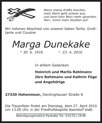 Traueranzeige von Marga Dunekake von KREISZEITUNG SYKE