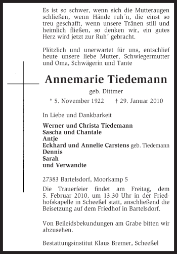 Traueranzeige von Annemarie Tiedemann von KREISZEITUNG SYKE