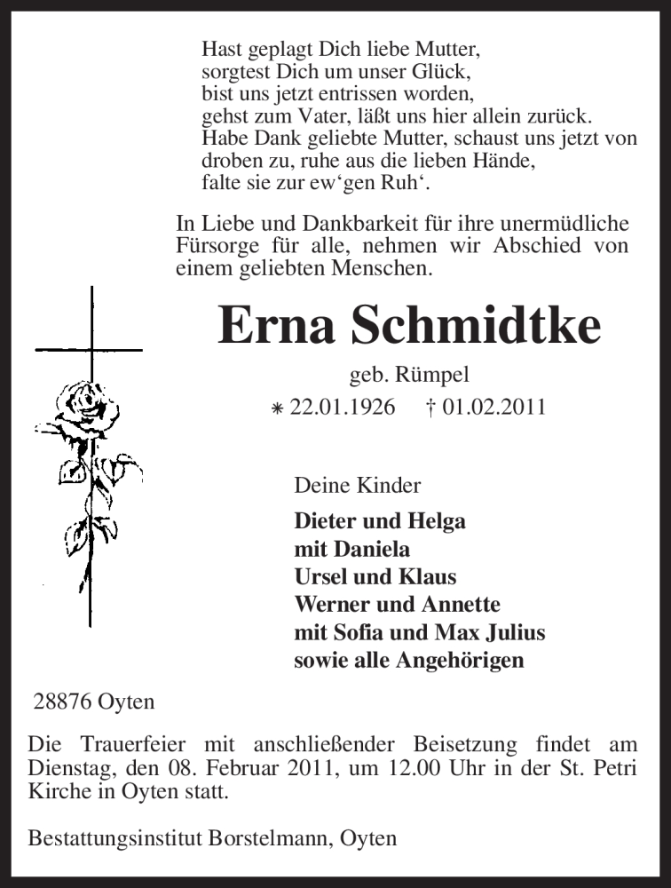  Traueranzeige für Erna Schmidtke vom 04.02.2011 aus KREISZEITUNG SYKE