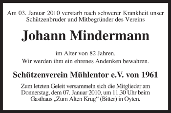 Traueranzeige von Johann Mindermann von KREISZEITUNG SYKE