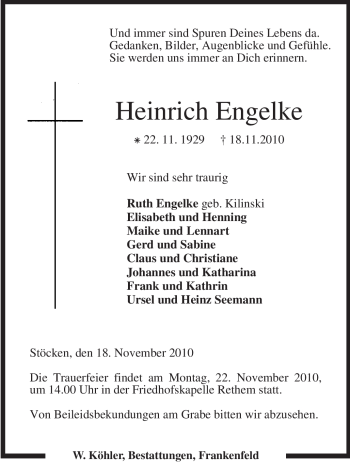 Traueranzeige von Heinrich Engelke von KREISZEITUNG SYKE