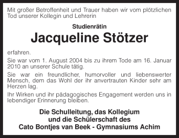 Traueranzeige von Jacqueline Stötzer von KREISZEITUNG SYKE