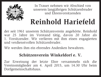 Traueranzeige von Reinhold Hariefeld von KRZ