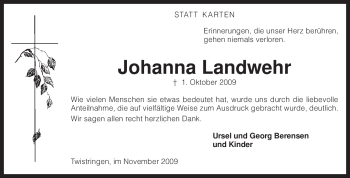 Traueranzeige von Johanna Landwehr von KREISZEITUNG SYKE