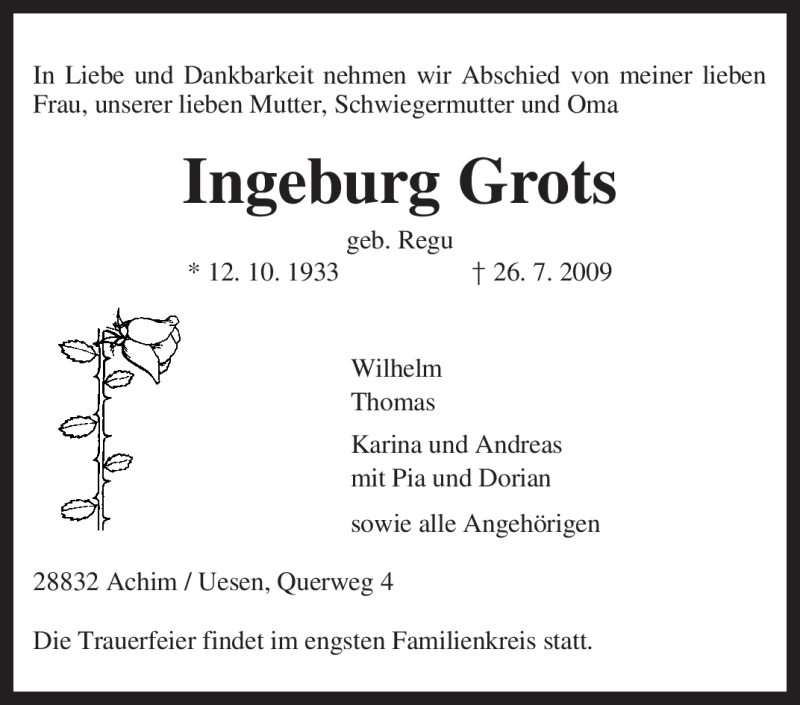  Traueranzeige für Ingeburg Grots vom 28.07.2009 aus KREISZEITUNG SYKE