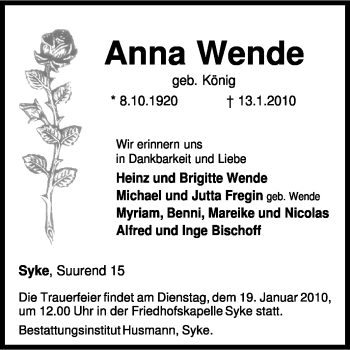 Traueranzeige von Anna Wende von KREISZEITUNG SYKE