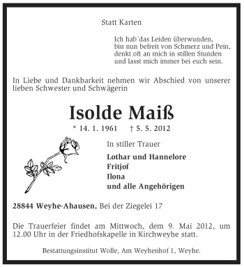 Traueranzeige von Isolde Maiß von KREISZEITUNG SYKE