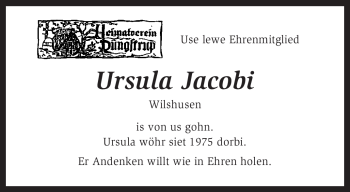 Traueranzeige von Ursula Jacobi von KREISZEITUNG SYKE