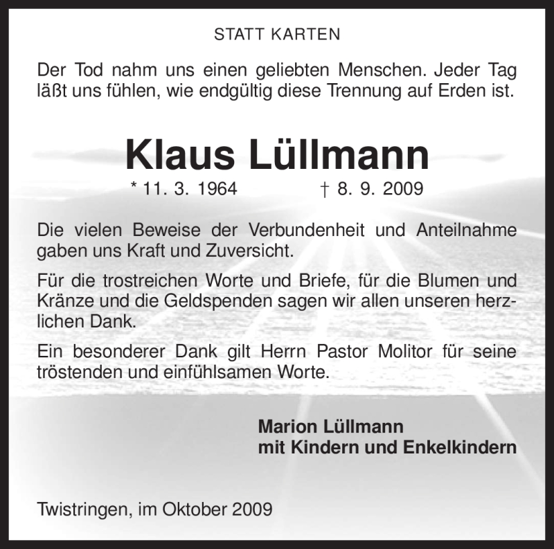  Traueranzeige für Klaus Lüllmann vom 08.10.2009 aus KREISZEITUNG SYKE