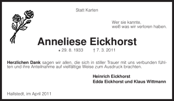 Traueranzeige von Anneliese Eickhorst von KREISZEITUNG SYKE