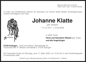 Traueranzeige von Johanne Klatte von KREISZEITUNG SYKE