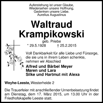 Traueranzeige von Waltraud Krampikowski von KRZ