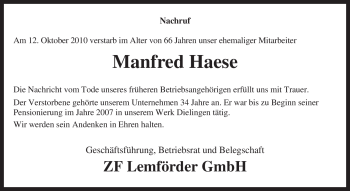 Traueranzeige von Manfred Haese von KREISZEITUNG SYKE