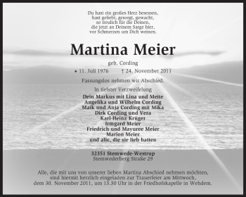 Traueranzeige von Martina Meier von KREISZEITUNG SYKE