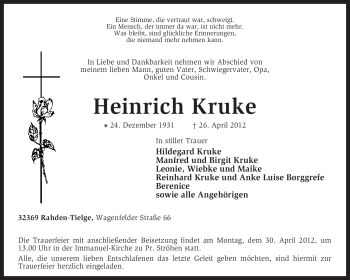 Traueranzeige von Heinrich Kruke von KREISZEITUNG SYKE