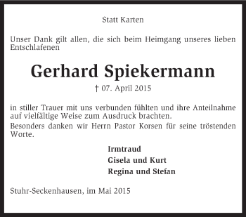 Traueranzeige von Gerhard Spiekermann von KRZ