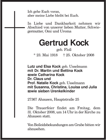 Traueranzeige von Gertrud Kock von KREISZEITUNG SYKE