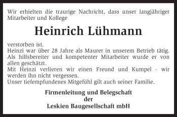 Traueranzeige von Heinrich Lühmann von KREISZEITUNG SYKE