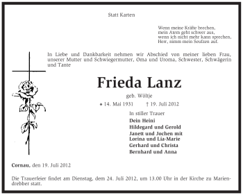 Traueranzeige von Frieda Lanz von KREISZEITUNG SYKE