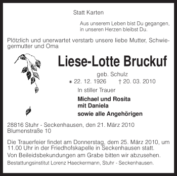 Traueranzeige von Liese-Lotte Bruckuf von KREISZEITUNG SYKE