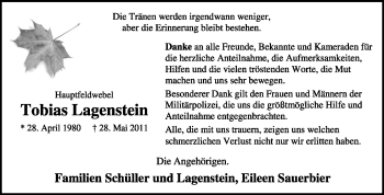 Traueranzeige von Tobias Lagenstein von KREISZEITUNG SYKE