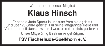 Traueranzeige von Klaus Hinsch von KREISZEITUNG SYKE