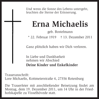 Traueranzeige von Erna Michaelis von KREISZEITUNG SYKE