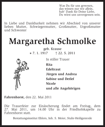 Traueranzeige von Margaretha Schmolke von KREISZEITUNG SYKE