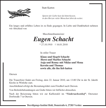 Traueranzeige von Eugen Schacht von KREISZEITUNG SYKE