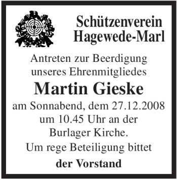 Traueranzeige von Martin Gieske von KREISZEITUNG SYKE