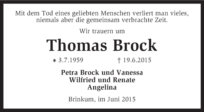  Traueranzeige für Thomas Brock vom 24.06.2015 aus KRZ