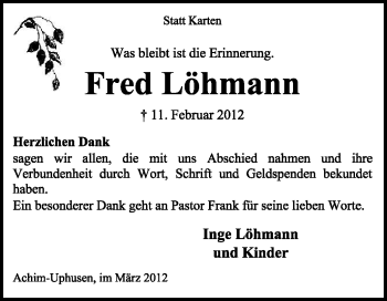 Traueranzeige von Fred Löhmann von KREISZEITUNG SYKE