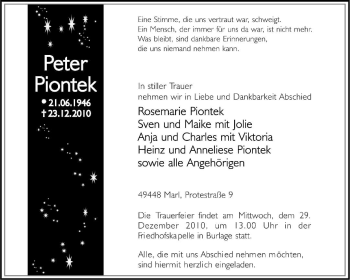 Traueranzeige von Peter Piontek von KREISZEITUNG SYKE