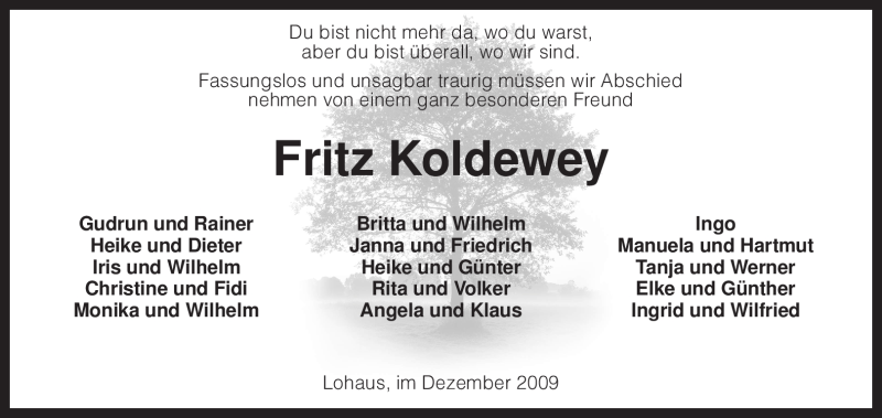  Traueranzeige für Fritz Koldewey vom 04.12.2009 aus KREISZEITUNG SYKE