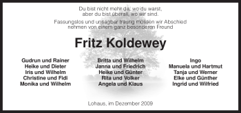 Traueranzeige von Fritz Koldewey von KREISZEITUNG SYKE