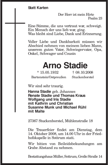 Traueranzeige von Arno Stadie von KREISZEITUNG SYKE