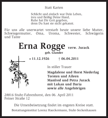 Traueranzeige von Erna Rogge von KREISZEITUNG SYKE