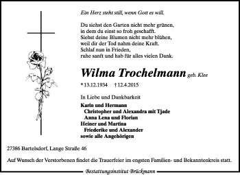 Traueranzeige von Wilma Trochelmann von KRZ