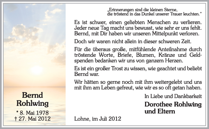  Traueranzeige für Bernd Rohlwing vom 14.07.2012 aus KREISZEITUNG SYKE