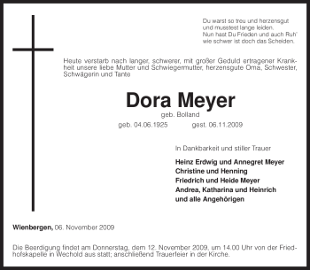 Traueranzeige von Dora Meyer von KREISZEITUNG SYKE