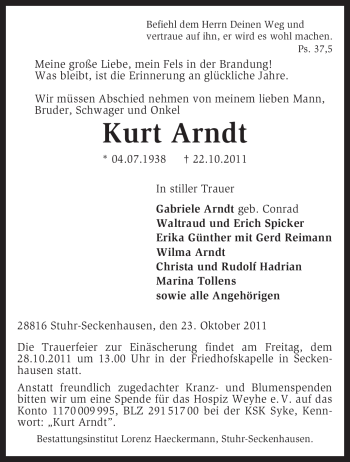 Traueranzeige von Kurt Arndt von KREISZEITUNG SYKE