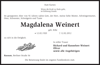 Traueranzeige von Magdalena Weinert von KREISZEITUNG SYKE