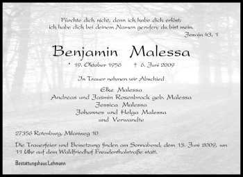 Traueranzeige von Benjamin Malessa von KREISZEITUNG SYKE