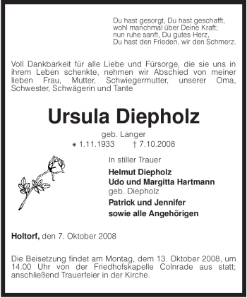 Traueranzeige von Ursula Diepholz von KREISZEITUNG SYKE