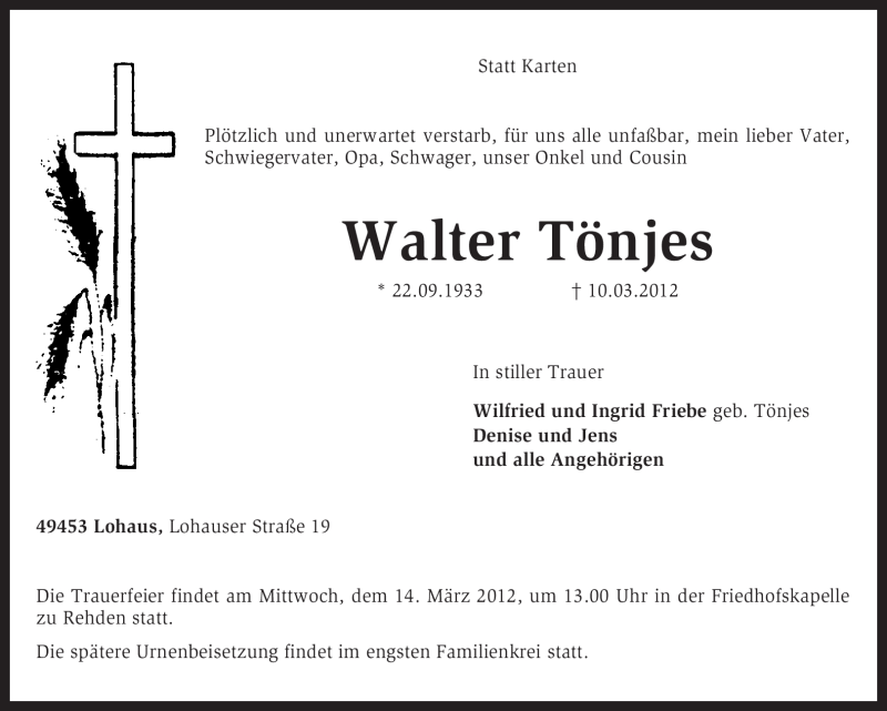  Traueranzeige für Walter Tönjes vom 12.03.2012 aus KREISZEITUNG SYKE