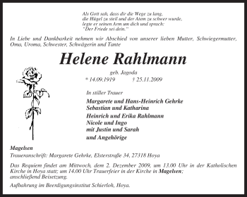 Traueranzeige von Helene Rahlmann von KREISZEITUNG SYKE